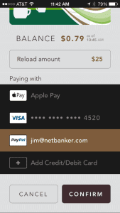 Users can reload the Starbucks mobile app using Apple Pay, PayPal, or credit card