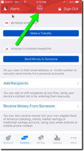 New "Help" button on BofA mobile "transfer" screen