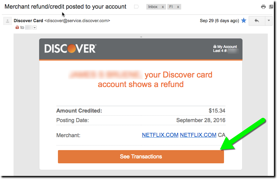 Discover Card merchant refund notification email (29 Sep 2016)