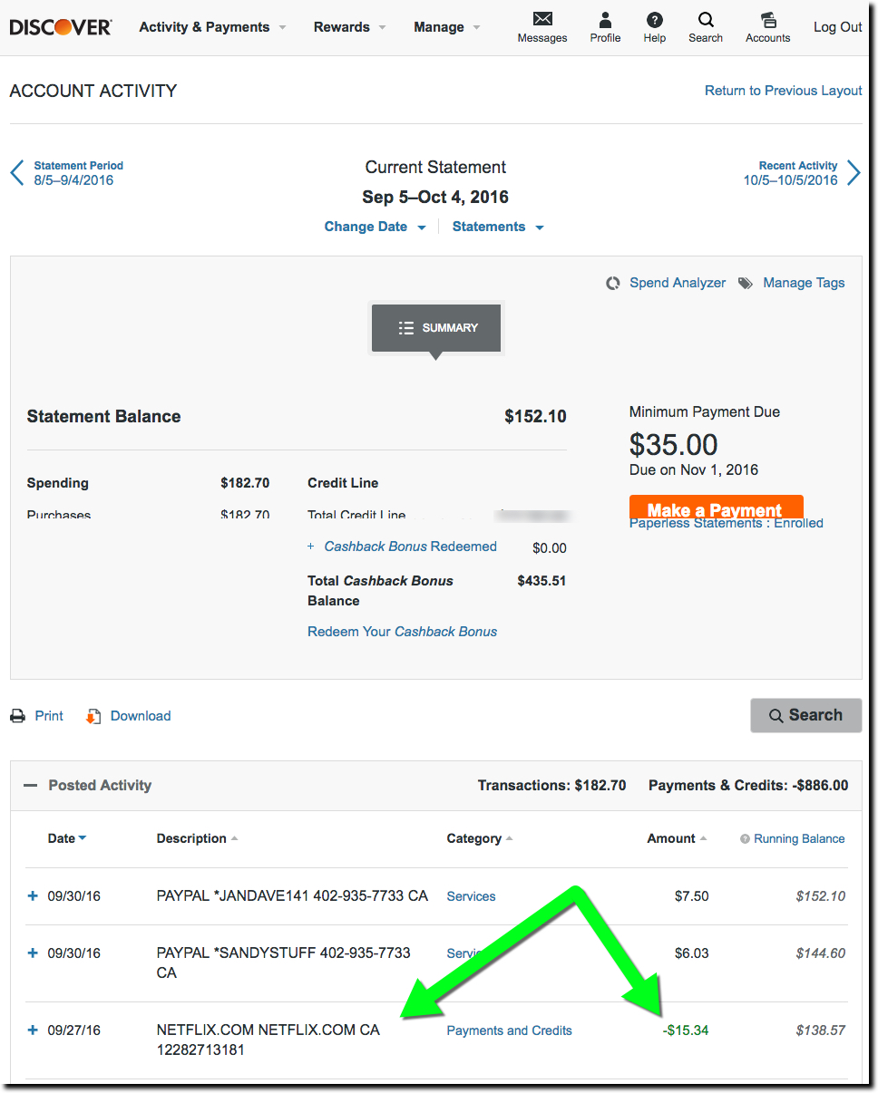 Discover Card "current statement" page
