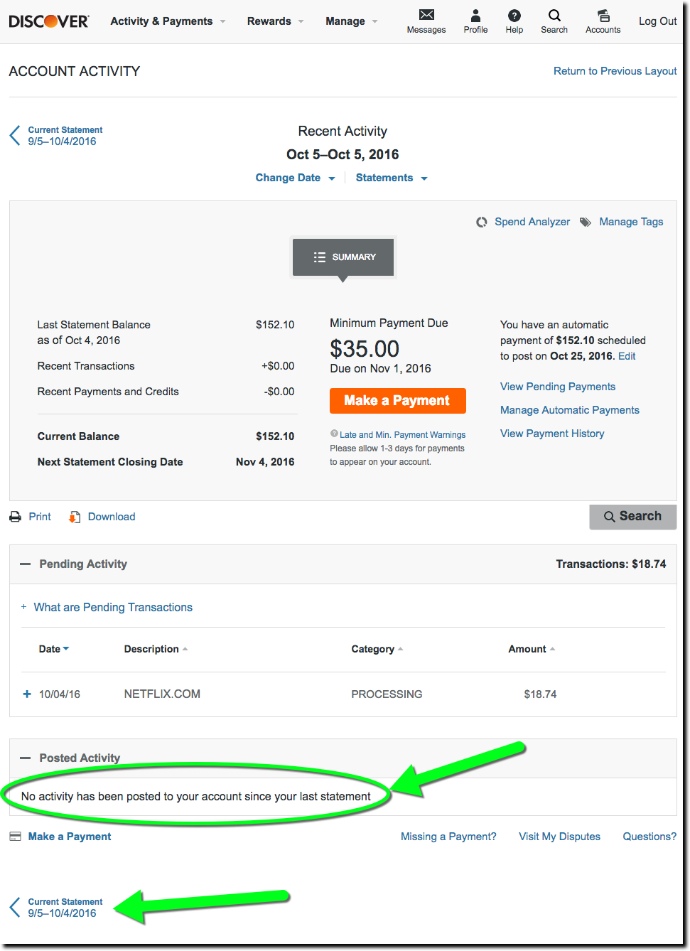Discover Card previous statement page. 