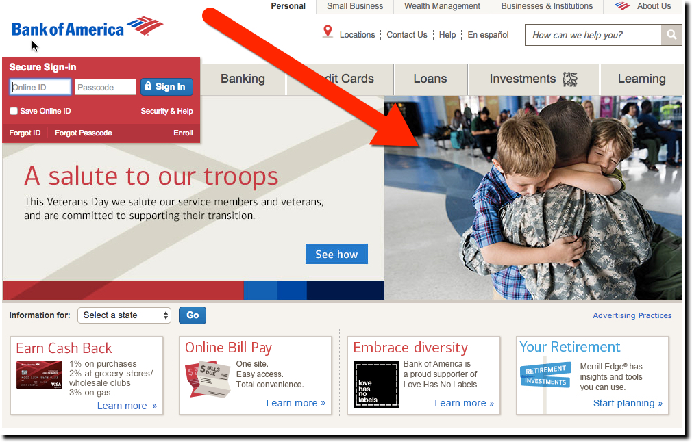 Bank of America Veterans Day image on homepage (11 Nov 2016)