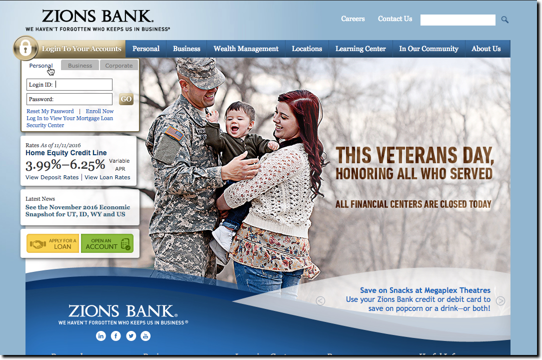 Zions bank homepage featuring Veterans Day homage