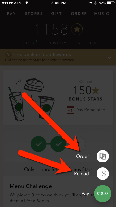 starbucks mobile reload order